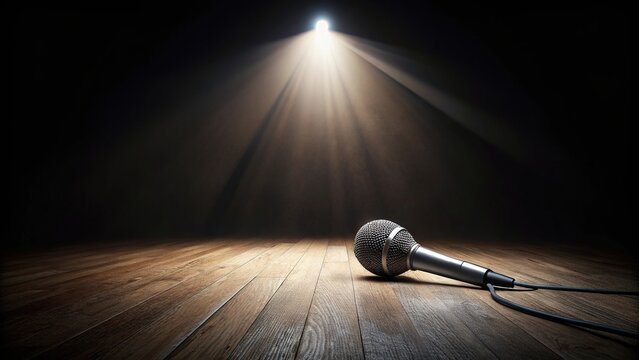 Microphone lying on floor in spotlight on dark stage, Leading Lines