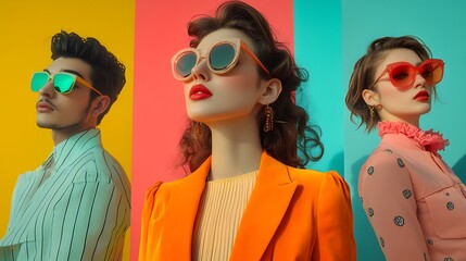 Fototapeta premium A collage of pairs of young people standing against retro-themed backdrops, bold patterns and complementary colors, confident poses, soft lighting enhances the modern-retro aesthetic --ar 16:9