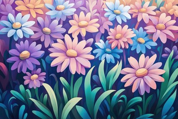 Purple daisies blooming in a vibrant garden setting, Vibrant purple daisies blooming in a garden