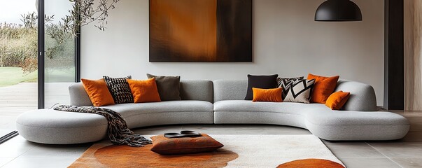Contemporary design with a curved sofa, vibrant throw blankets, geometric pillows, and a minimalist hanging lamp for a clean and modern interior look
