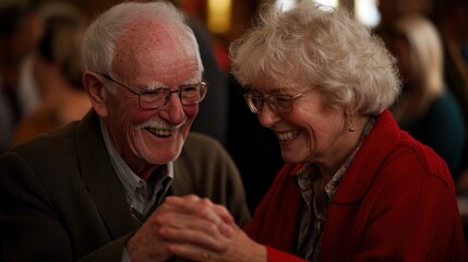 A smiling senior couple holds hands and looks at each other.