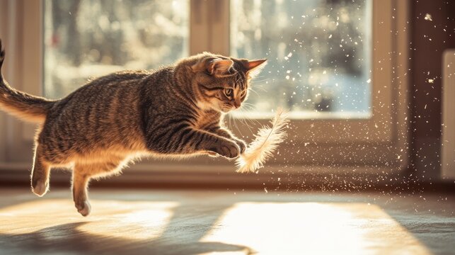 A playful tabby cat leaps through the air to catch a feather toy. Sunlight streams through the window, illuminating dust particles in the air.