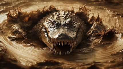 Obraz premium Aggressive Crocodile in Muddy Water