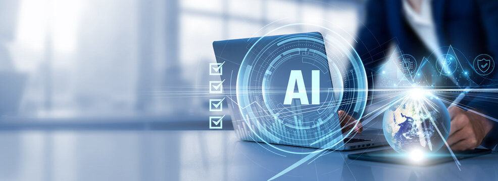 AI: Machine learning, automation, data analysis, predictive analytics, innovation. Businessman select of checkbox and using laptop analyzing data graph growth on global network.