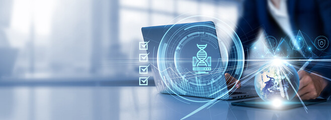 Biotechnology: Research, innovation, development, applications, healthcare. Businessman selects a...