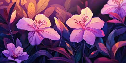 Purple Bauhinia flowers glow in the warm evening light, displaying five delicate purple-pink petals The lush garden enhances the vibrant colors, with sun exposure curling the petal edges