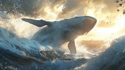 Naklejka premium Breaching Humpback Whale in Ocean Waves at Sunrise