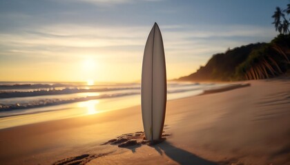 A surfboard stands in the sand at sunset near gentle waves along the tranquil shoreline. Generative AI