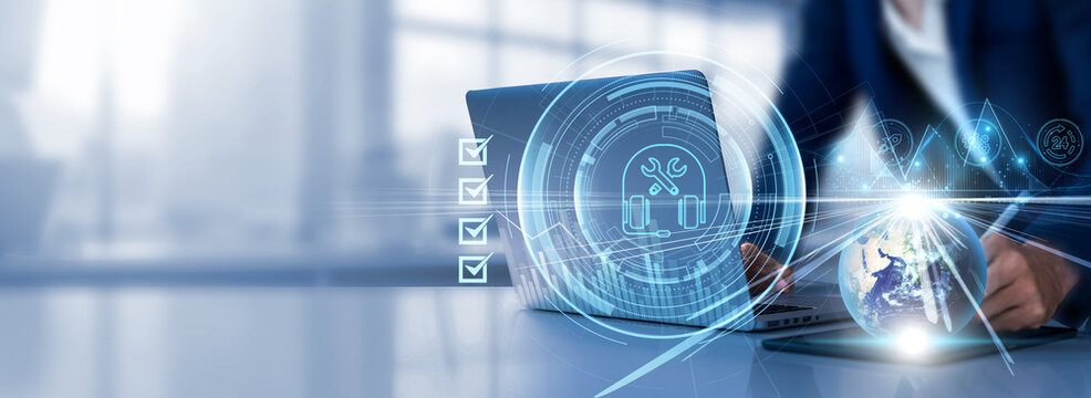 Technical Support: Assistance, troubleshooting, guidance, solutions, customer service. Businessman selects a checkbox and uses laptop analyzing data graph growth on global network.