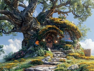 Obraz premium Enchanted Treehouse in a Magical Forest - Fantasy Landscape