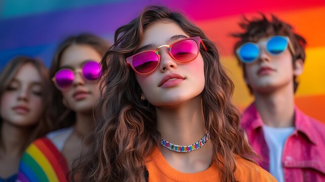 A group of teens posing confidently against rainbow-themed retro advertisements, vibrant colors and cheerful expressions, bold contrasts and dynamic lighting create a joyful, positive vibe --ar 16:9