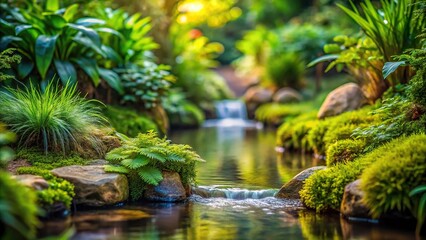 Fototapeta premium Mini oasis filled with greenery and with a small stream flowing down the stone Macro