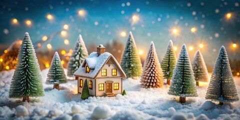 Obraz premium miniature winter wonderland with snow covered house and trees festive holiday scene