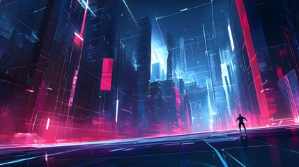 A lone figure stands in a futuristic city with glowing neon lights and a reflective floor.
