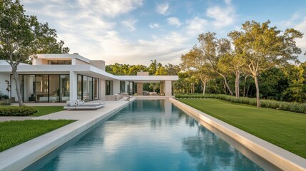 Fototapeta premium Luxurious white modern house overlooking a long pool surrounded by manicured lawns and mature trees in a serene setting