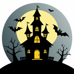 Halloween Haunted House - Silhouette of a spooky haunted house with bats flying overhead
