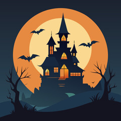 Halloween Haunted House - Silhouette of a spooky haunted house with bats flying overhead
