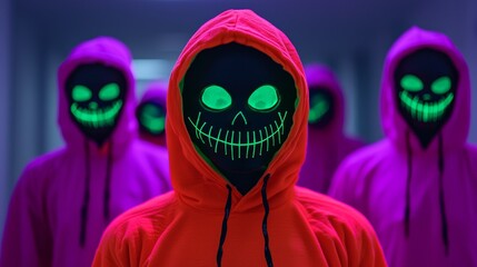 Fototapeta premium Creepy Figures in Neon Masks in Dark Corridor