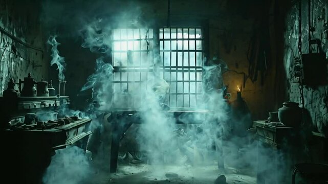 A smoke-filled room is used as a torture chamber by a villainous organization.