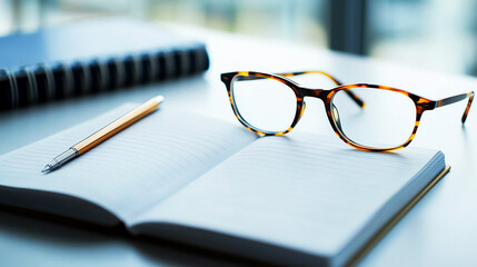 Fototapeta premium Open notebook with glasses and pen on desk, blurred background, concept of work and focus.