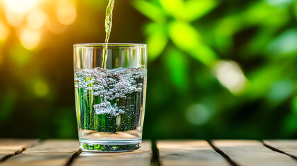 Refreshing glass of water being poured, with bubbles and sunlight, on wooden table outdoors.