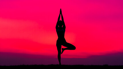 Silhouette of a person in yoga pose against vibrant pink sunset sky, serene and peaceful outdoor meditation.
