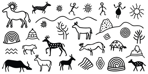 Seamless petroglyph pattern, rock paintings, isolated on white background, vector design	