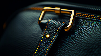 Close-up of a black leather bag with a gold buckle, highlighting texture and craftsmanship.