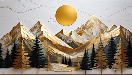 3D Modern Canvas Mural Featuring a Stunning Landscape: Golden Deer in a Festive Tree Scene, Set Against a White Marble Backdrop.