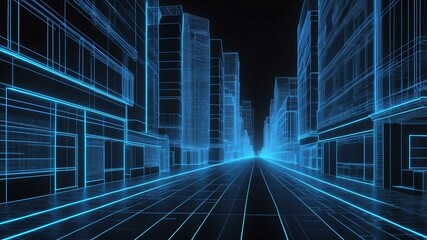 3d wireframe model of a city street design concept background
