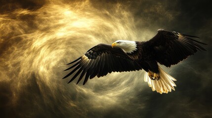 Majestic Bald Eagle in Flight Against a Swirling Sky