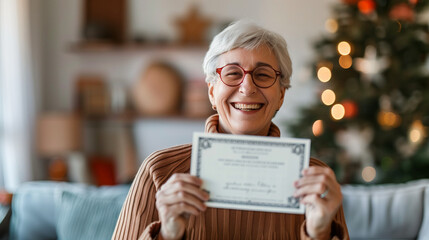 Senior citizen holding check symbolizing social security benefits, smiling with relief in cozy home setting, representing financial security and peace of mind