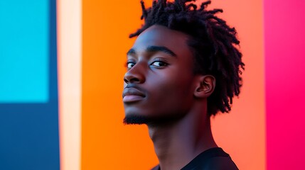 Portraits of young adults in front of colorful geometric backgrounds, bold shapes and vibrant hues enhancing their confident expressions.