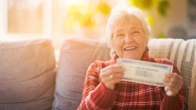 Senior citizen holding check symbolizing social security benefits, smiling with relief in cozy home setting, representing financial security and peace of mind