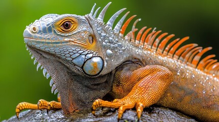 Close-up of an orange and gray iguana with a green background.