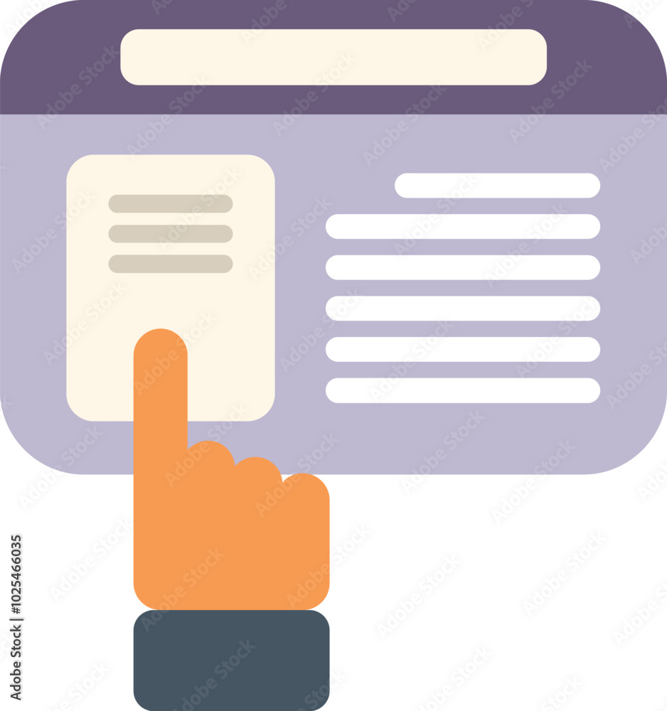 Poster hand using a finger to navigate a website with menu, buttons and text