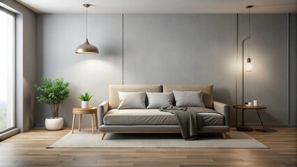 Minimalist bedroom interior with couch, lamp, and table
