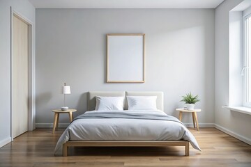 Minimalist bedroom with empty white mockup frame