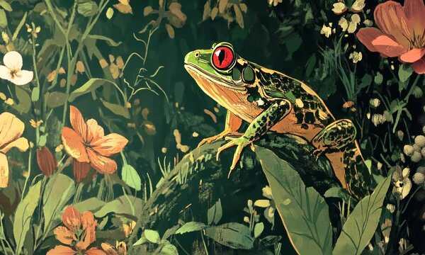 Red-Eyed Tree Frog Amidst Lush Greenery