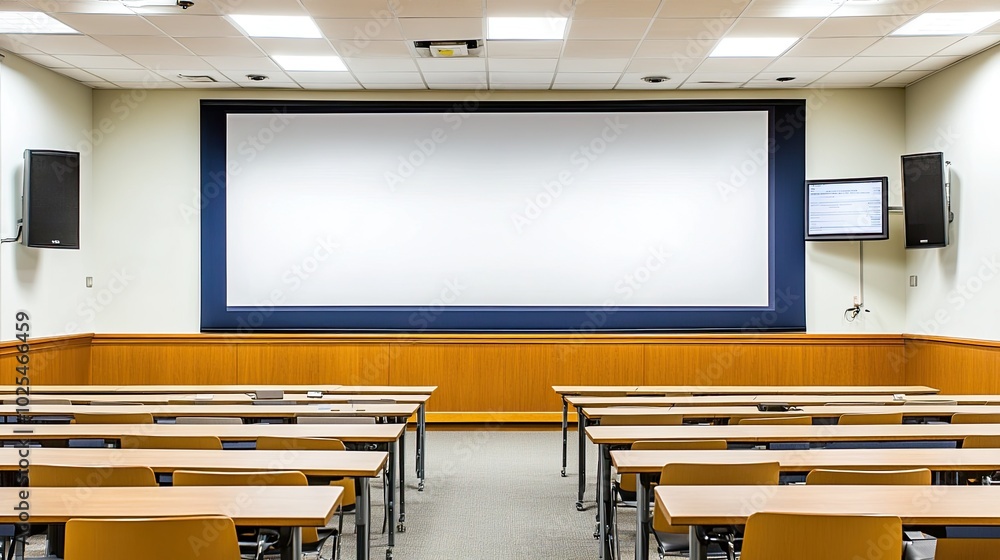 Poster modern classroom with empty desks and projector screen
