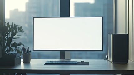 Modern Workspace with Blank Monitor and City View