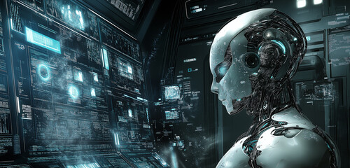 Artificial intelligence robot working in control room high-definition photography
