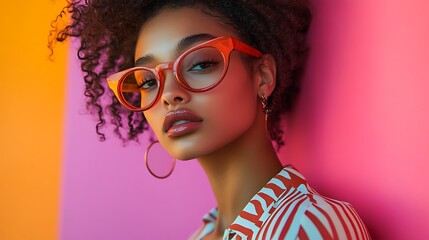 Fototapeta premium Teens posing confidently in front of brightly colored retro backdrops, bold patterns and strong contrasts, relaxed expressions and modern outfits,