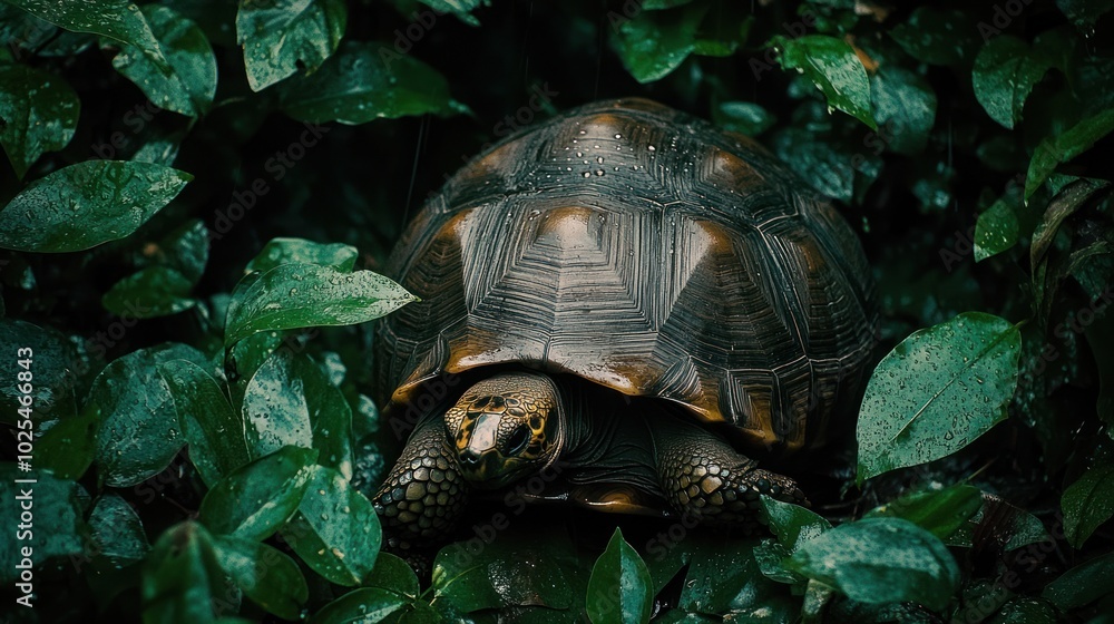 Poster a large tortoise with a brown shell and yellow markings on its head is hiding in a patch of lush gre