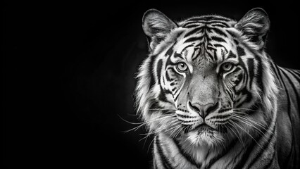 Fototapeta premium Minimalist black and white photo of a tiger against dark background with selective focus