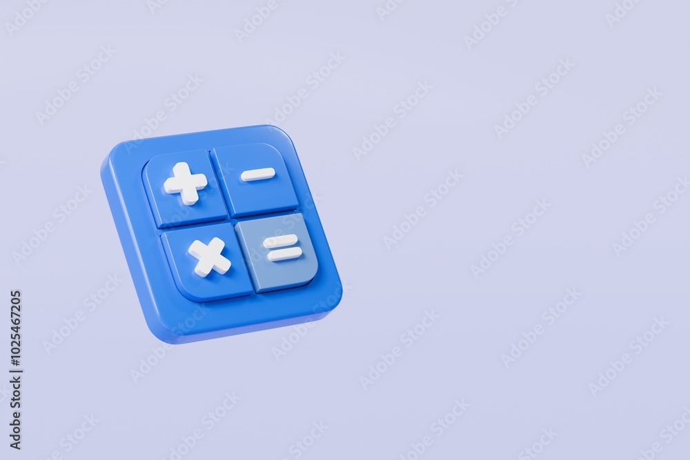 Poster 3d calculator buttons with a plus, minus, multiply, and equal icon isolated on purple background. mo