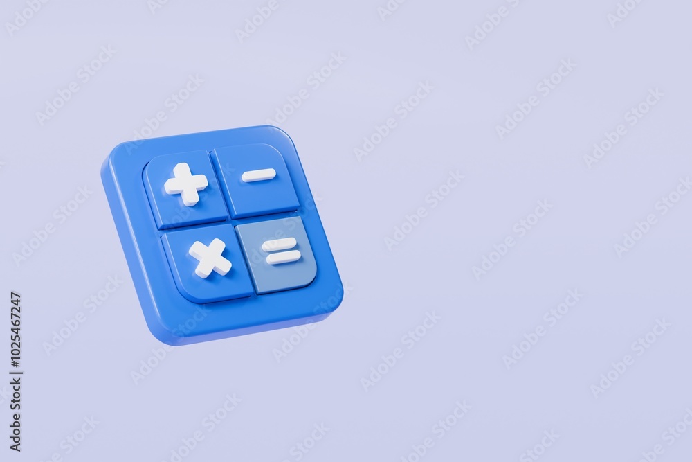 Poster 3d calculator buttons with a plus, minus, multiply, and equal icon isolated on purple background. mo