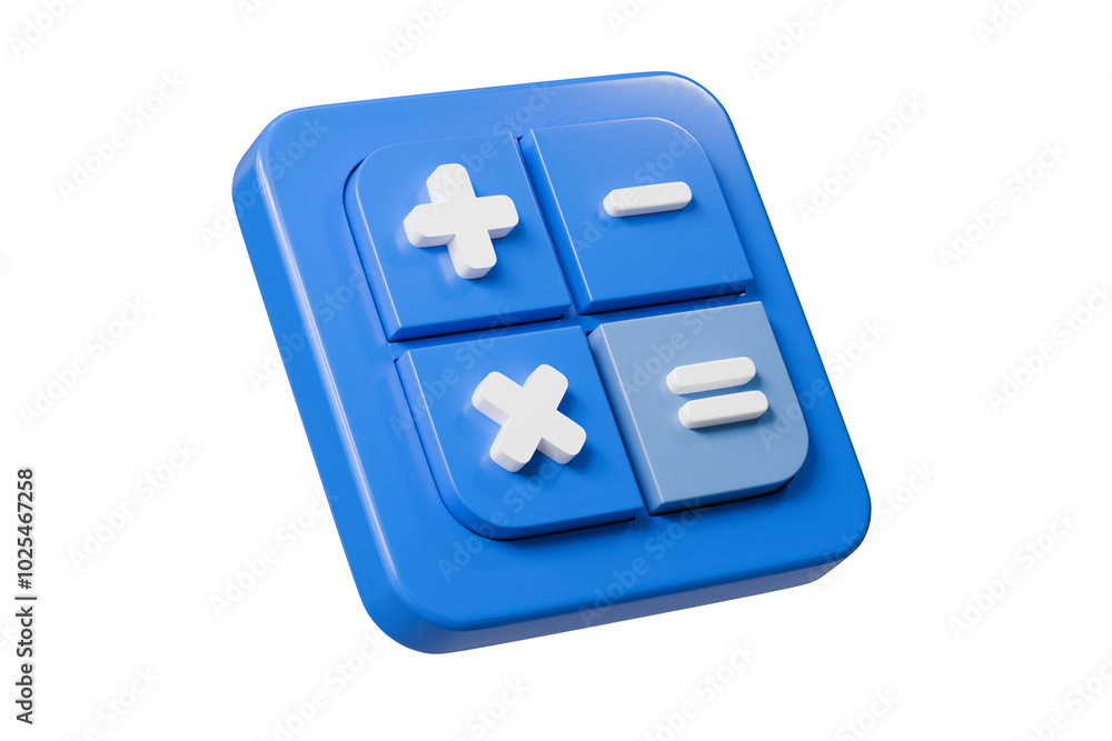 Poster 3d calculator buttons with a plus, minus, multiply, and equal icon isolated on purple background. mo