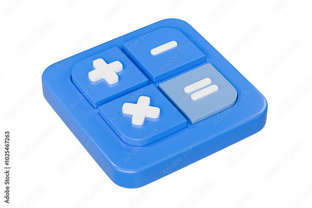Poster 3d calculator buttons with a plus, minus, multiply, and equal icon isolated on purple background. mo