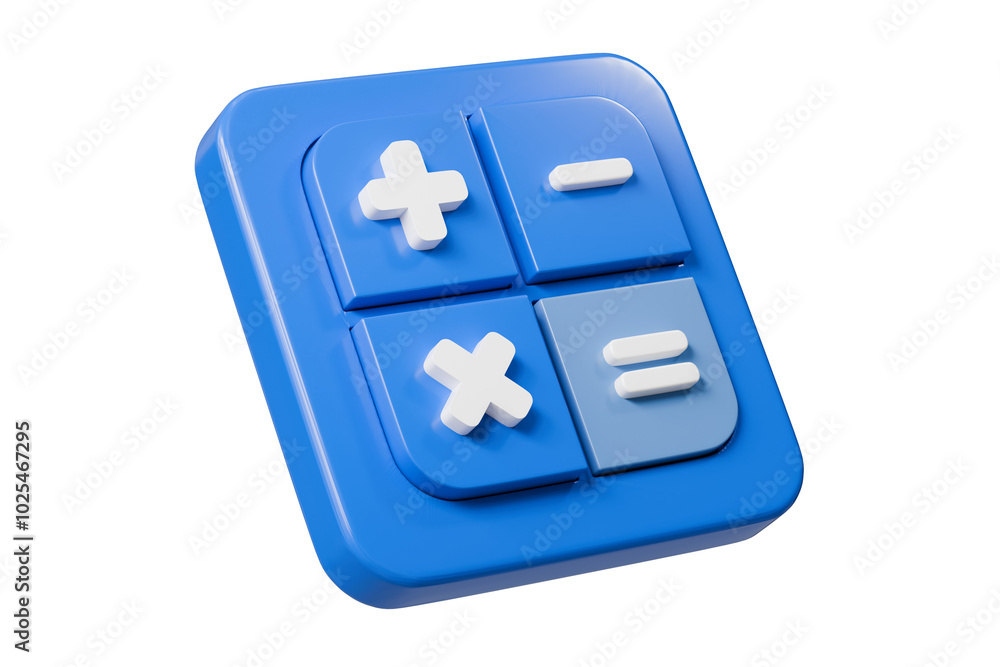 Poster 3d calculator buttons with a plus, minus, multiply, and equal icon isolated on purple background. mo